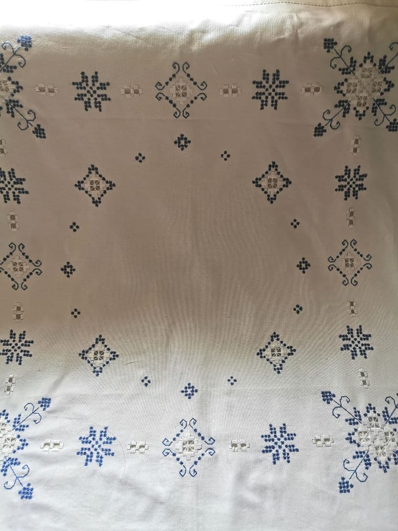 アンティーク 北欧ハーダンガーレース刺繍 大判クロス ブルーワーク✵ 雪の結晶