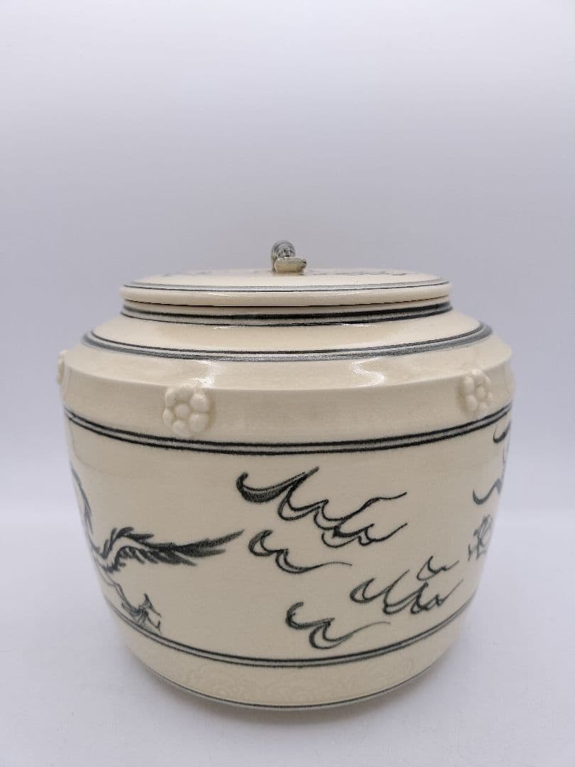 c254 【新品・未使用】水指 安南写 海老摘 龍ノ絵 西村徳泉 木箱 茶道具