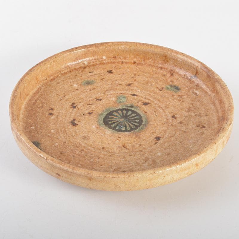 人間国宝　荒川豊蔵作　黄瀬戸　菊紋皿　共布　鵬雲斎極め箱　M　R6945