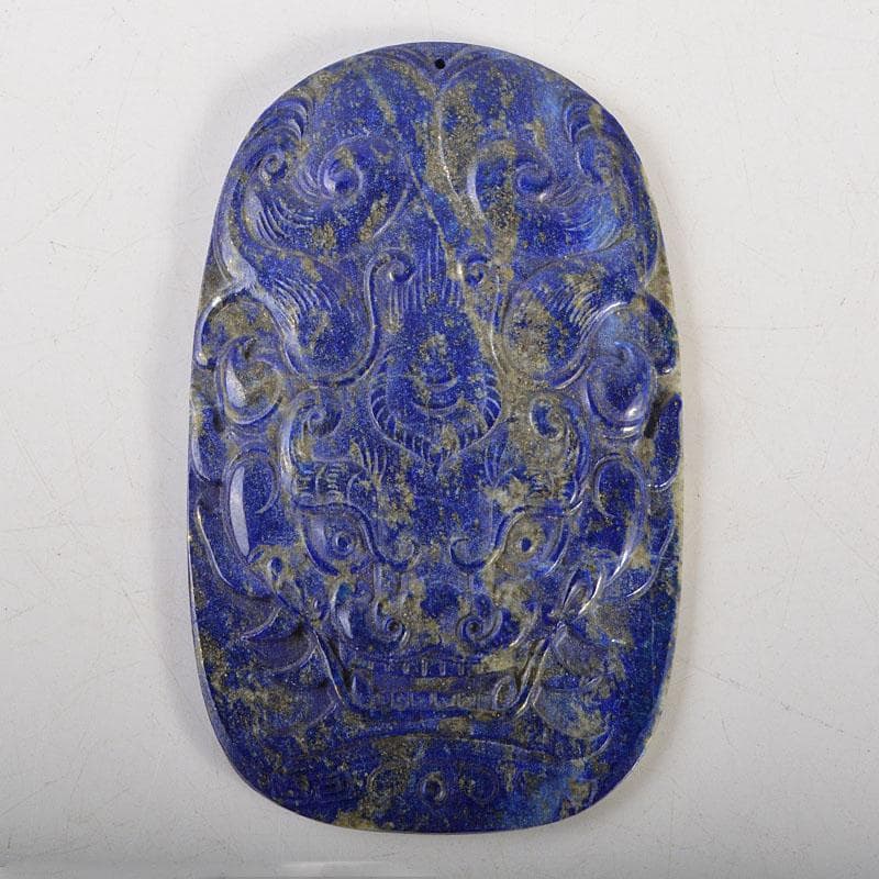 中国　玉石彫刻　ラピスラズリ　神獣彫　根付　玉器　紙鎮　時代箱　C　6816