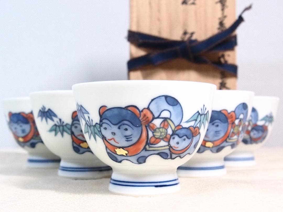 【未使用】京焼/清水焼 京都 平安吉兆 青華着彩戌三友図 茶碗6客 干支/戌年
