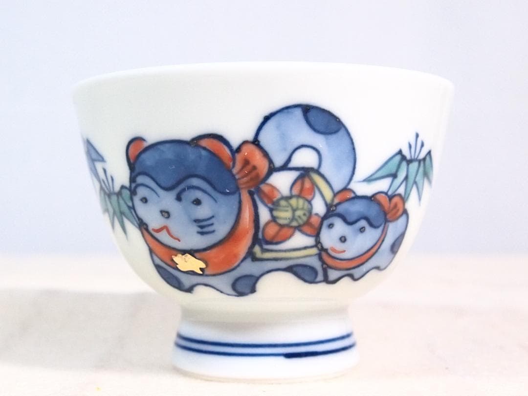 【未使用】京焼/清水焼 京都 平安吉兆 青華着彩戌三友図 茶碗6客 干支/戌年