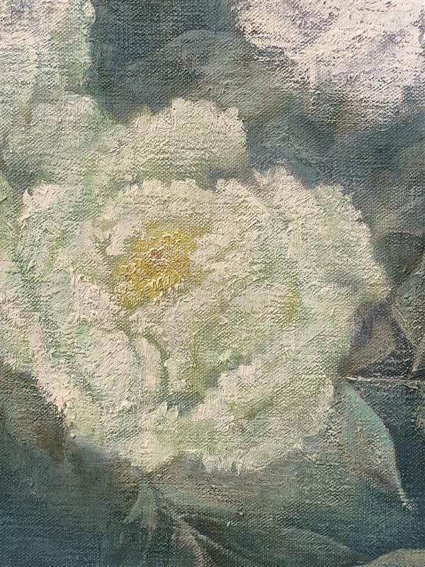 「真作」松下絹子「朝の花 牡丹」静物画　油彩画　額装　サイン有り　P8号