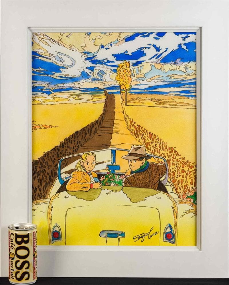 わたせせいぞう　アクリル　肉筆『ドライブ風景』表と裏サイン　F6号　額　b801