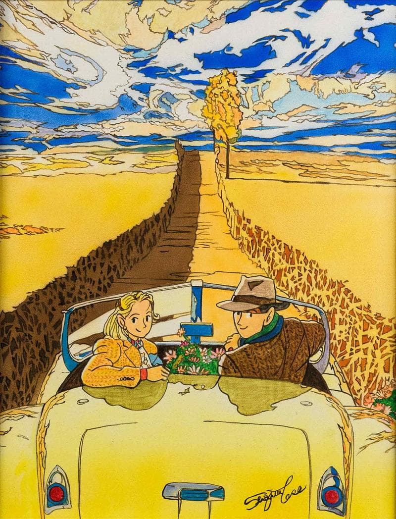 わたせせいぞう　アクリル　肉筆『ドライブ風景』表と裏サイン　F6号　額　b801