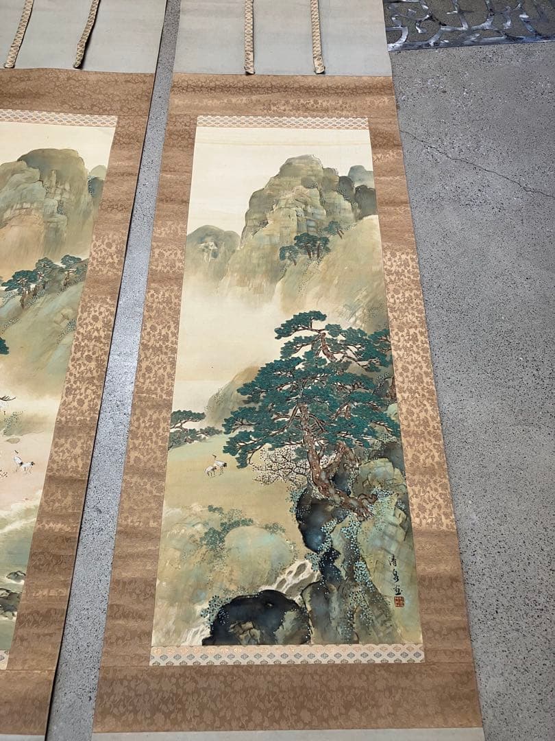 清泉筆　山水画の二幅一対掛軸