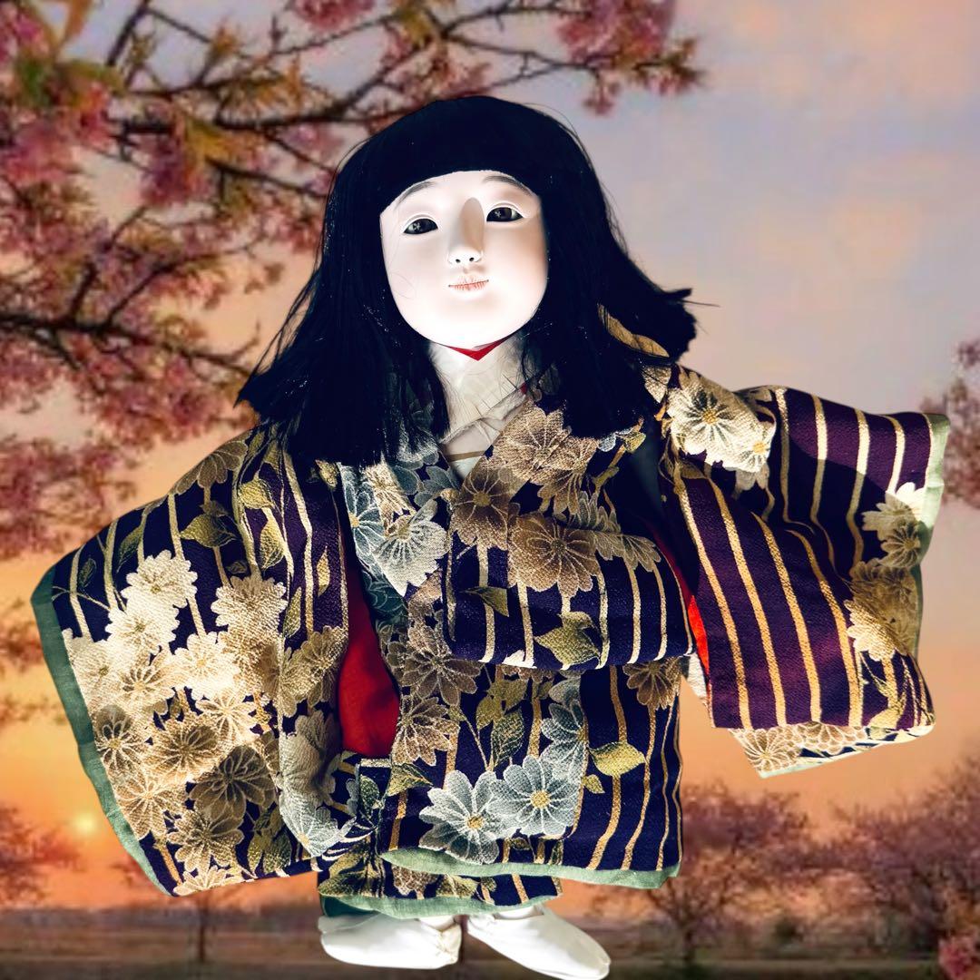 市松人形 松乾斎東光 紫 縮緬 花柄 菊 着物 ガラス 銘 印 三折れ 日本人形