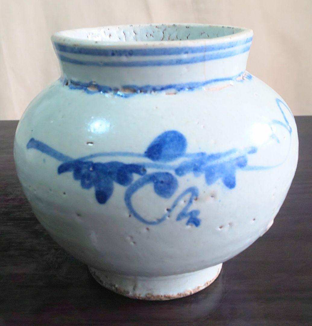 李朝染付小壷 中国古玩 朝鮮美術 染付葡萄蔦文壷