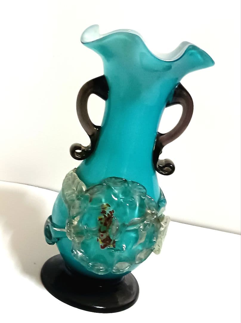 【骨董】大正ガラス　当時物　花瓶　吹きガラス　耳付花瓶　大正ロマン