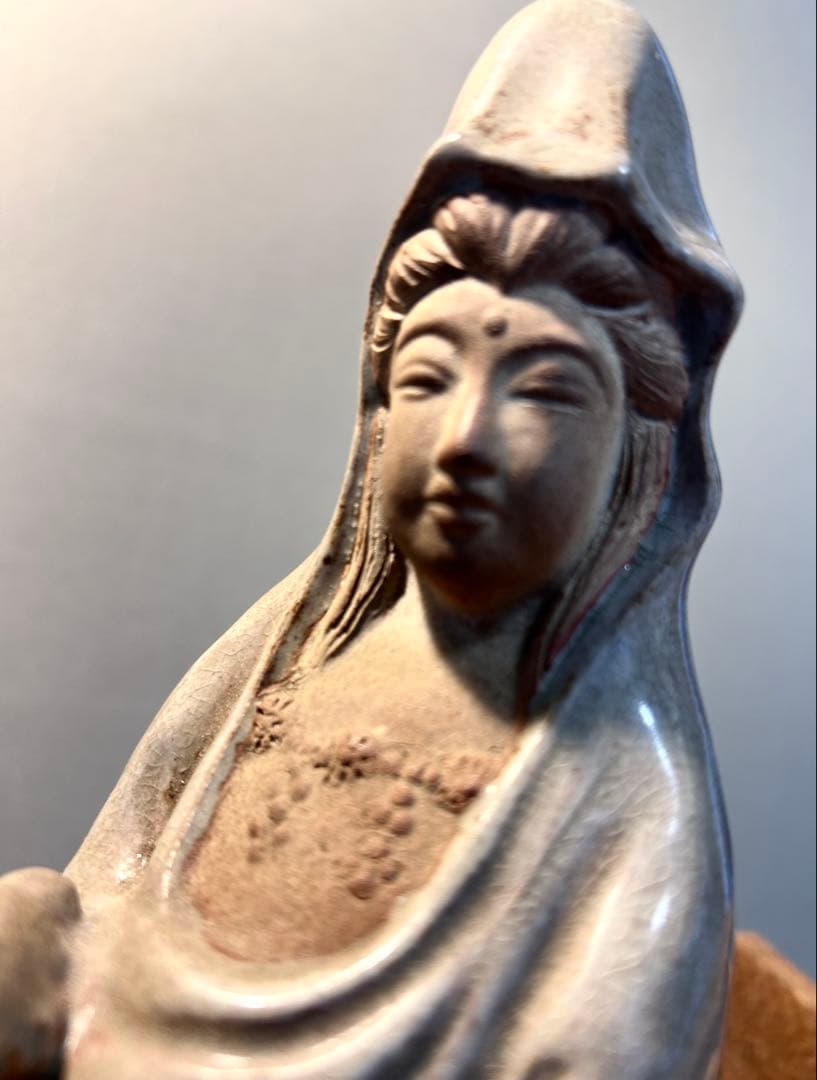 萩焼　大和松緑（大和吉孝）作 観音菩薩立像　元窯　観音置物　共箱付