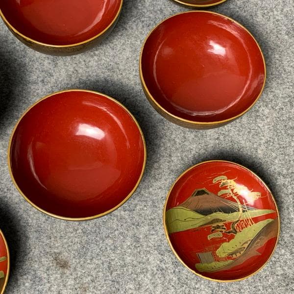 会津塗鉄錆塗木製蒔絵富士山吸物椀4個[B34144]