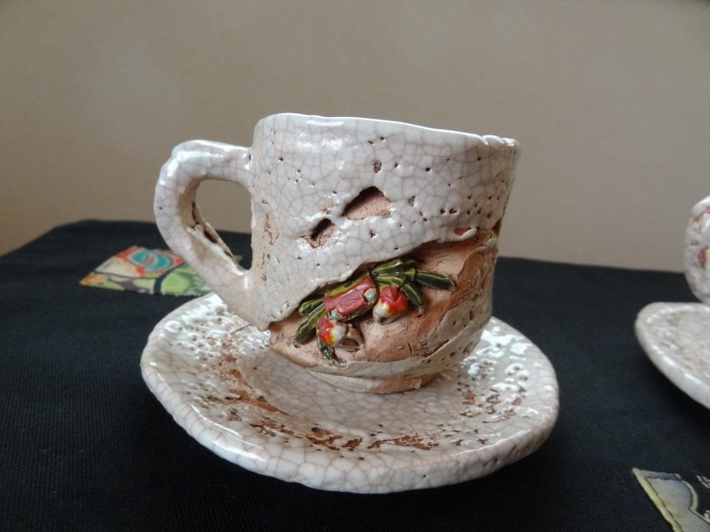 楽山焼　珈琲茶碗と夫婦湯呑 2点　カップ＆ソーサー　ペア　水月焼　二六焼