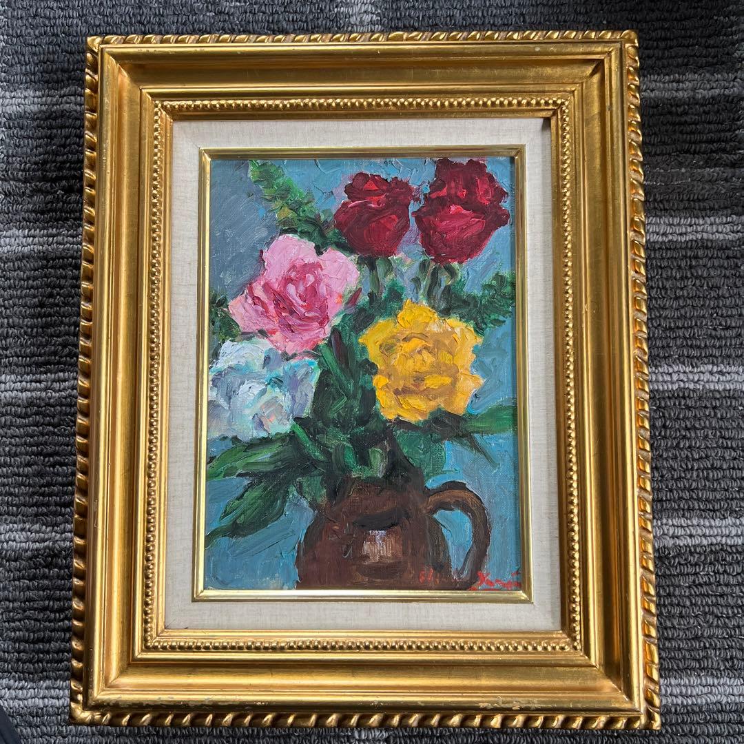 山田新一油彩画 バラの花束 金色フレーム付き