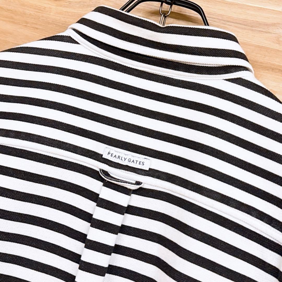 【パーリーゲイツ】モノトーン ストライプ ゴルフ 長袖シャツ ボーダー 黒×白