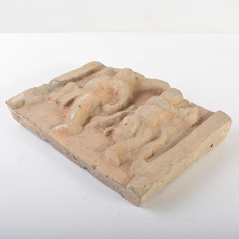 中国　朱泥　人物刻　陶版　壁飾　V　R6812