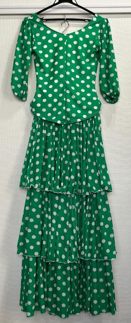 フラメンコ衣装 ツーピース+スカーフ グリーン×白水玉 ストレッチ フリル 軽量