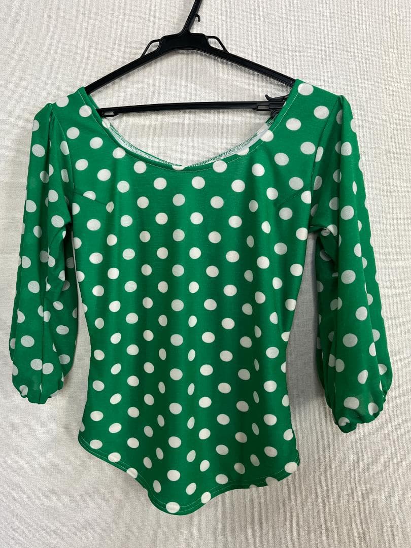 フラメンコ衣装 ツーピース+スカーフ グリーン×白水玉 ストレッチ フリル 軽量