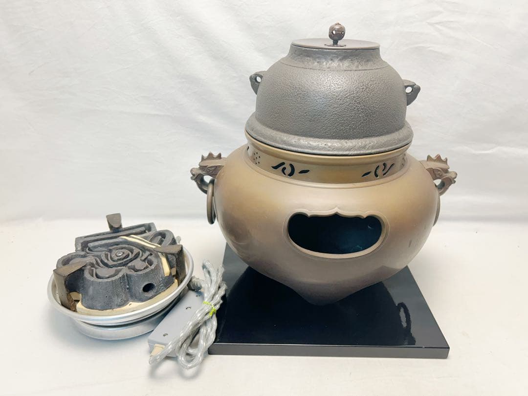 美品 茶道具 唐銅鬼面風炉 真形釜添 野々田製電熱器 敷板3点セット 紙箱