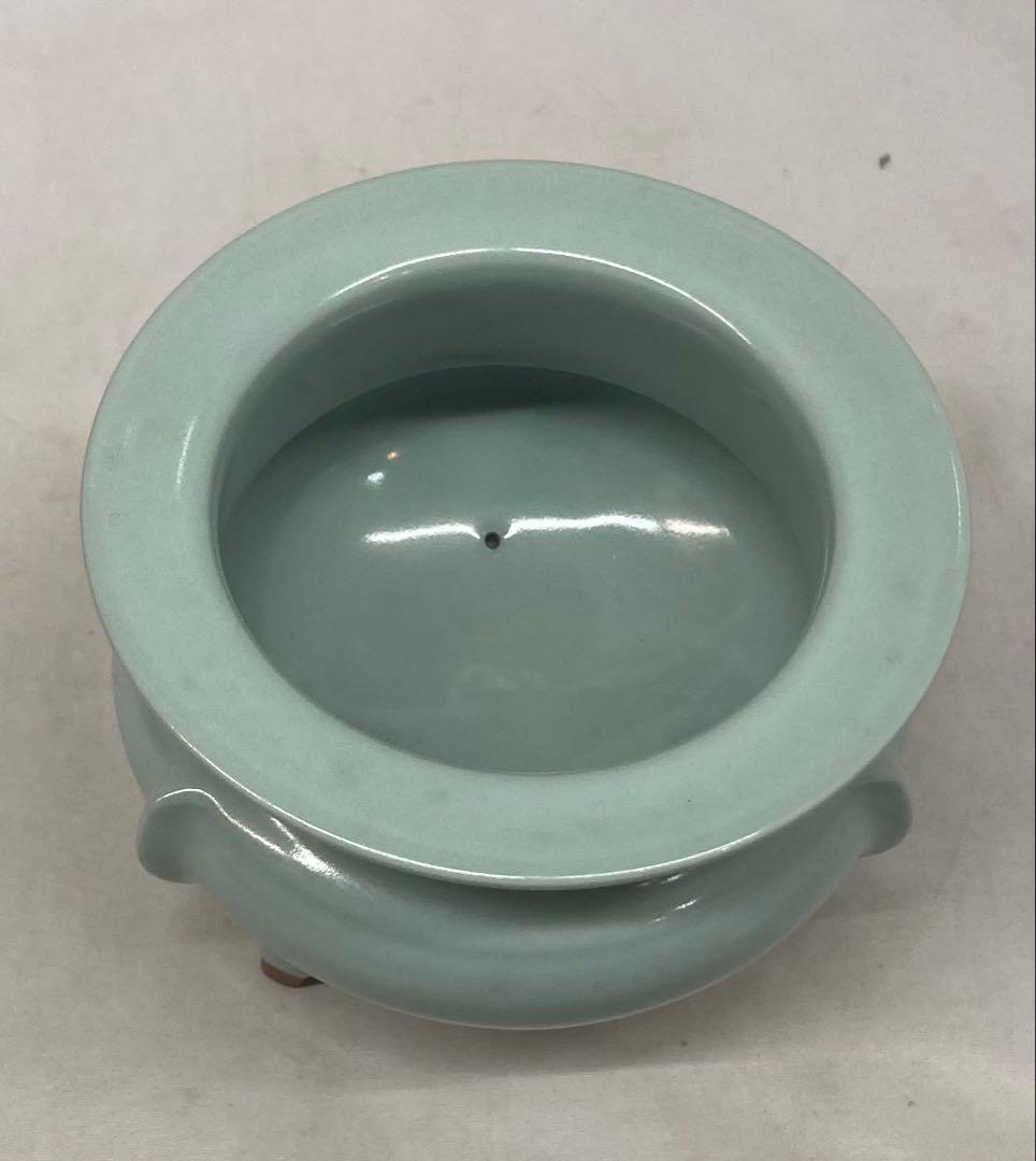 B507s「青瓷袴腰 香炉」諏訪蘇山作純銀四君子肉彫火舎　松與堂造　共箱　京都