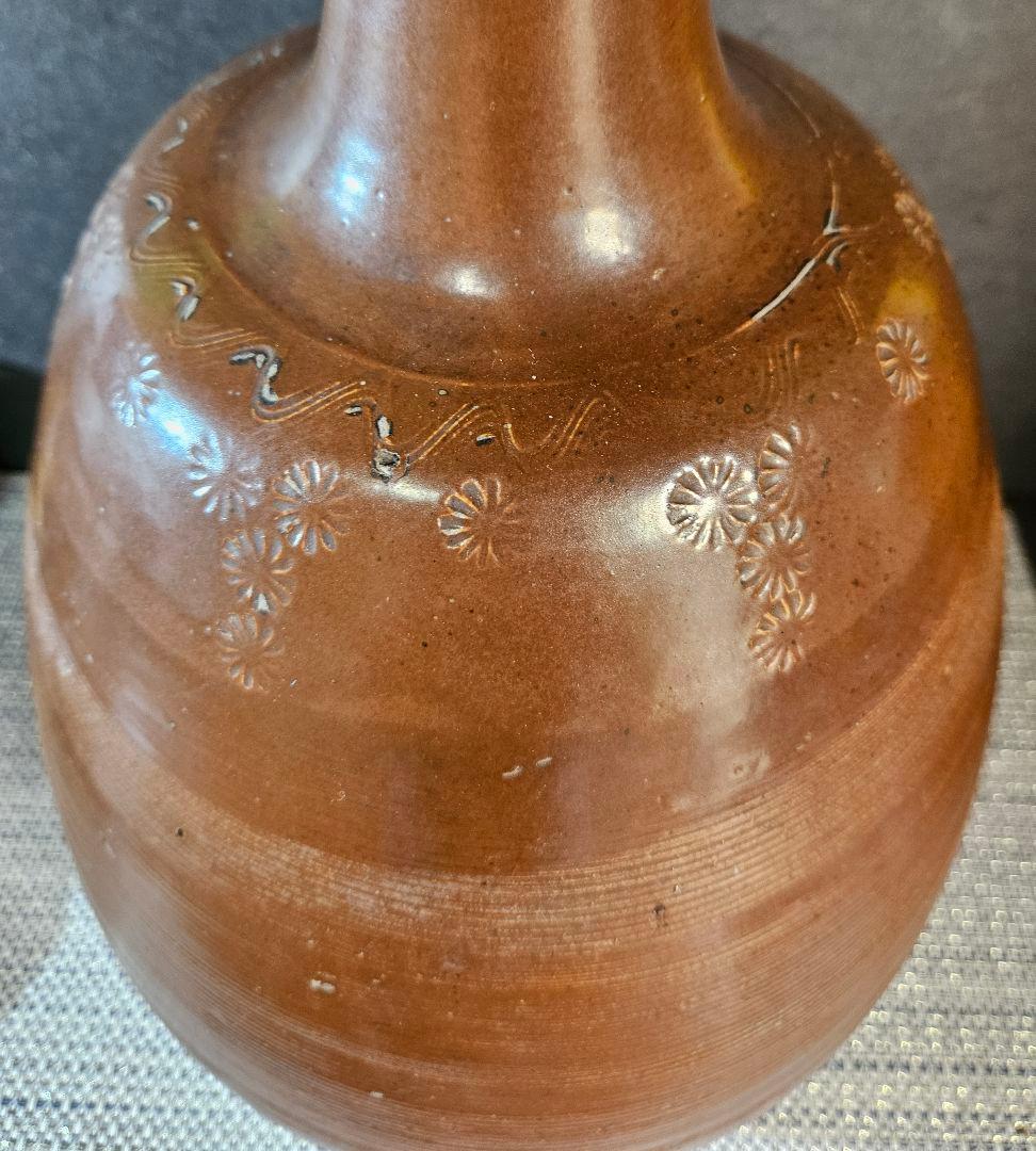 明治時代　古備前系　古丹波系　古瀬戸系 花印　糸目文様　高37.6cm　大徳利