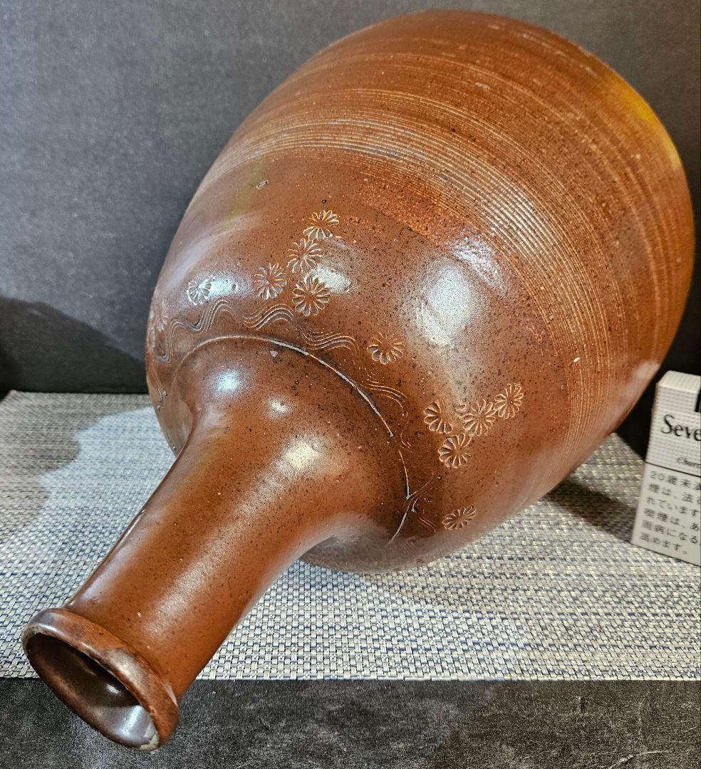 明治時代　古備前系　古丹波系　古瀬戸系 花印　糸目文様　高37.6cm　大徳利