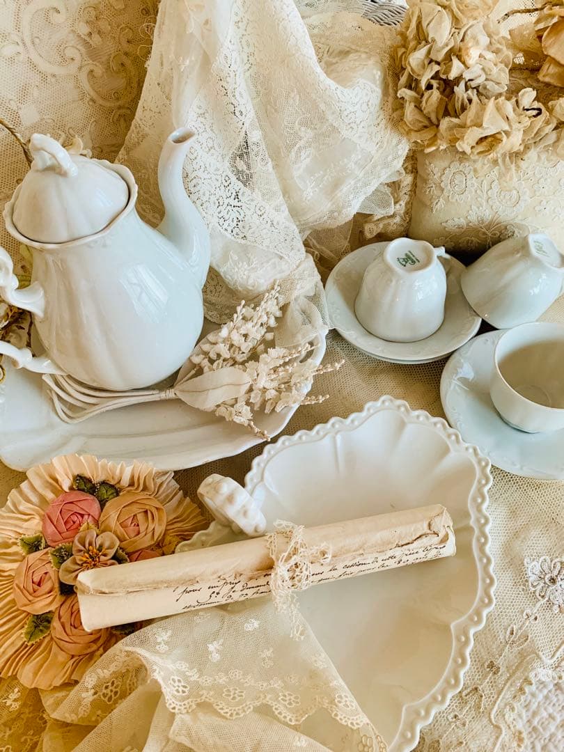 フランス・オランダ・ドイツアンティーク /ビンテージレリーフ白磁陶器6点set