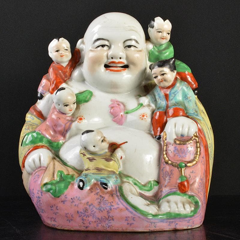 中国　景徳鎮　粉彩　布袋唐子像　置物　V　R7372