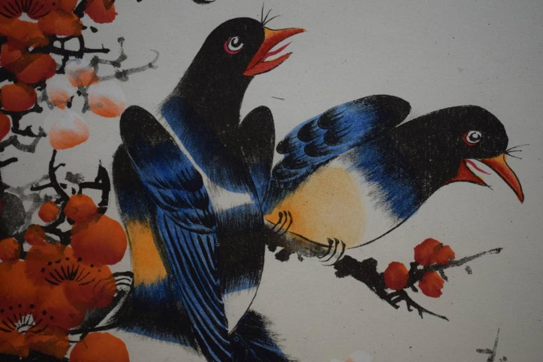 真作/李雲/紅白梅小禽図/布袋屋掛軸HE-458