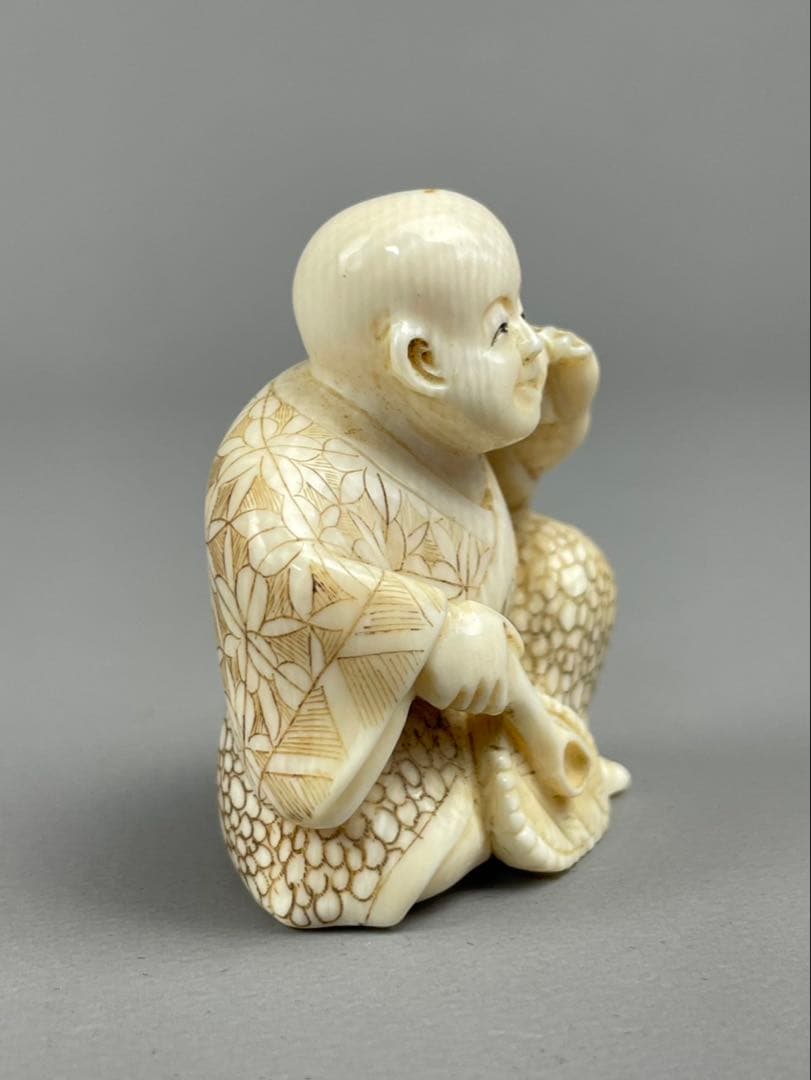 極上細密細工 天然白材 唐子 人物 根付 時代 東洋彫刻 アンティーク