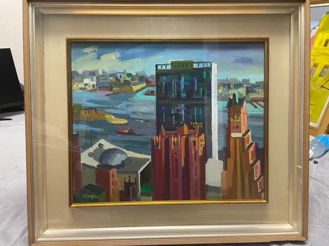 【真作】須賀卯夫「TUDOR CITY」油彩画 F8号 ニューヨーク風景 額装