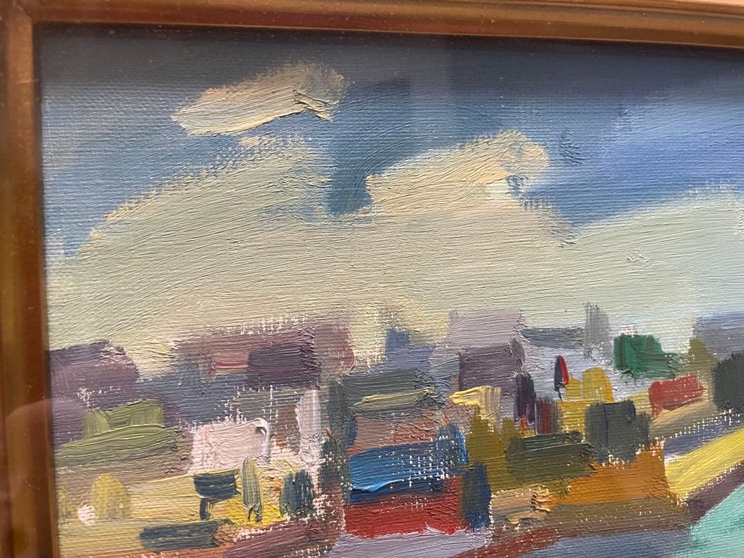 【真作】須賀卯夫「TUDOR CITY」油彩画 F8号 ニューヨーク風景 額装