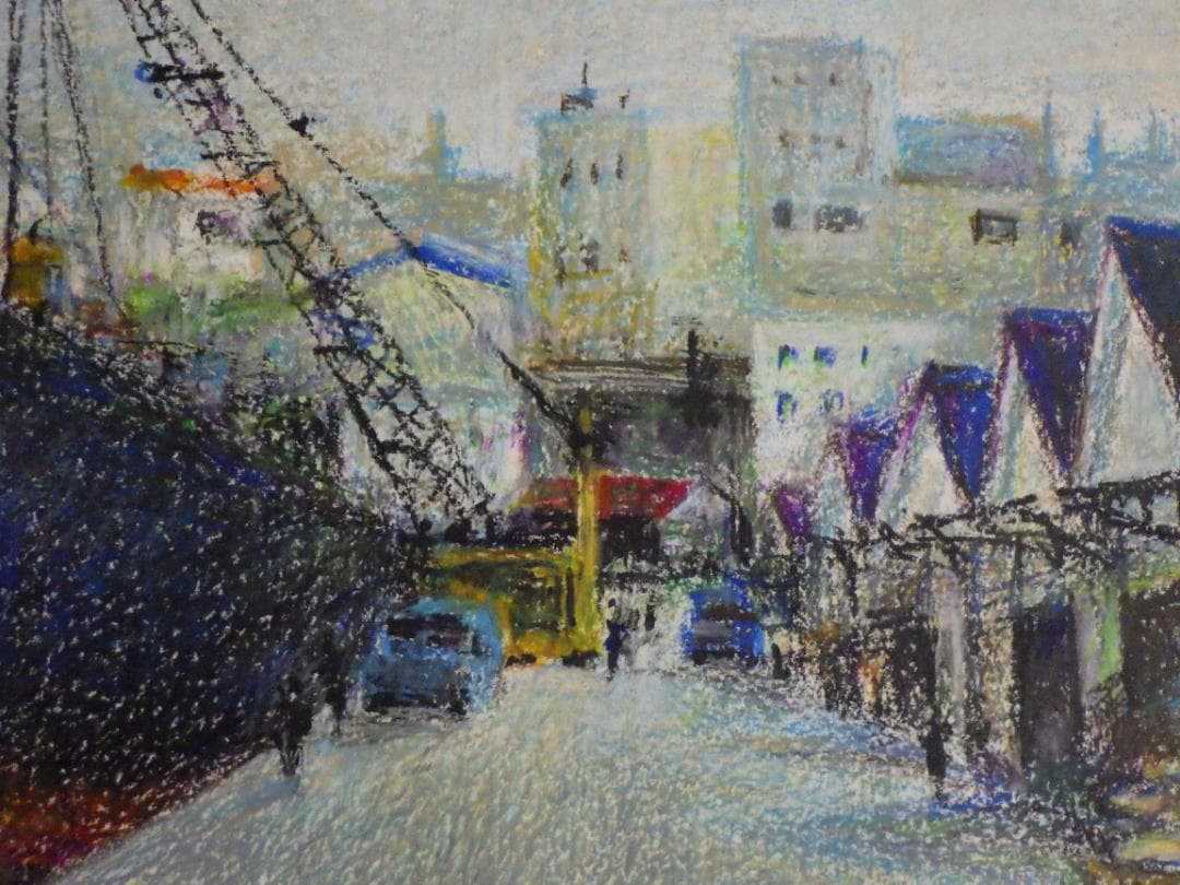 真作 佐藤忠一 クレヨン画 港風景 自筆サイン P6 額装