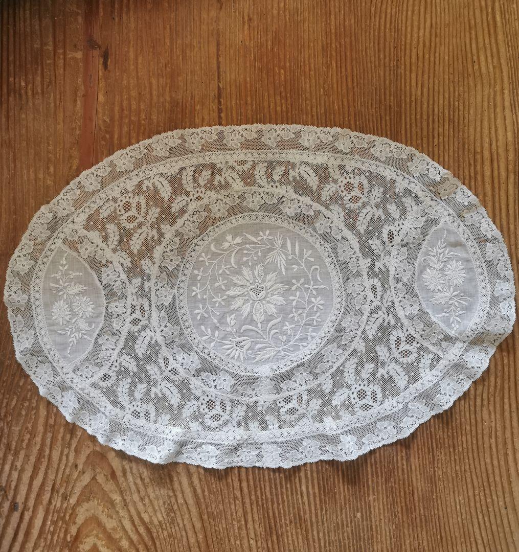 アンティークフランス ノルマンディーレース 花刺繍 アランソン オーバルドイリー