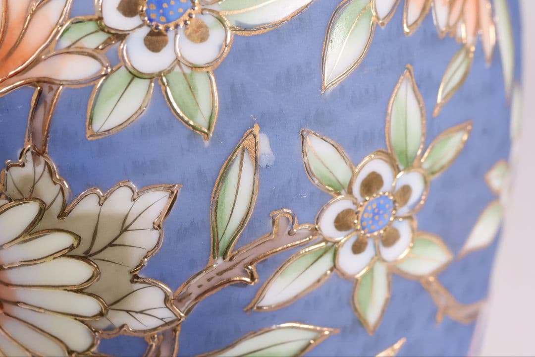 【CM306】オールドノリタケ 草花 花瓶 高17.5cm 金彩 花入 青 明治