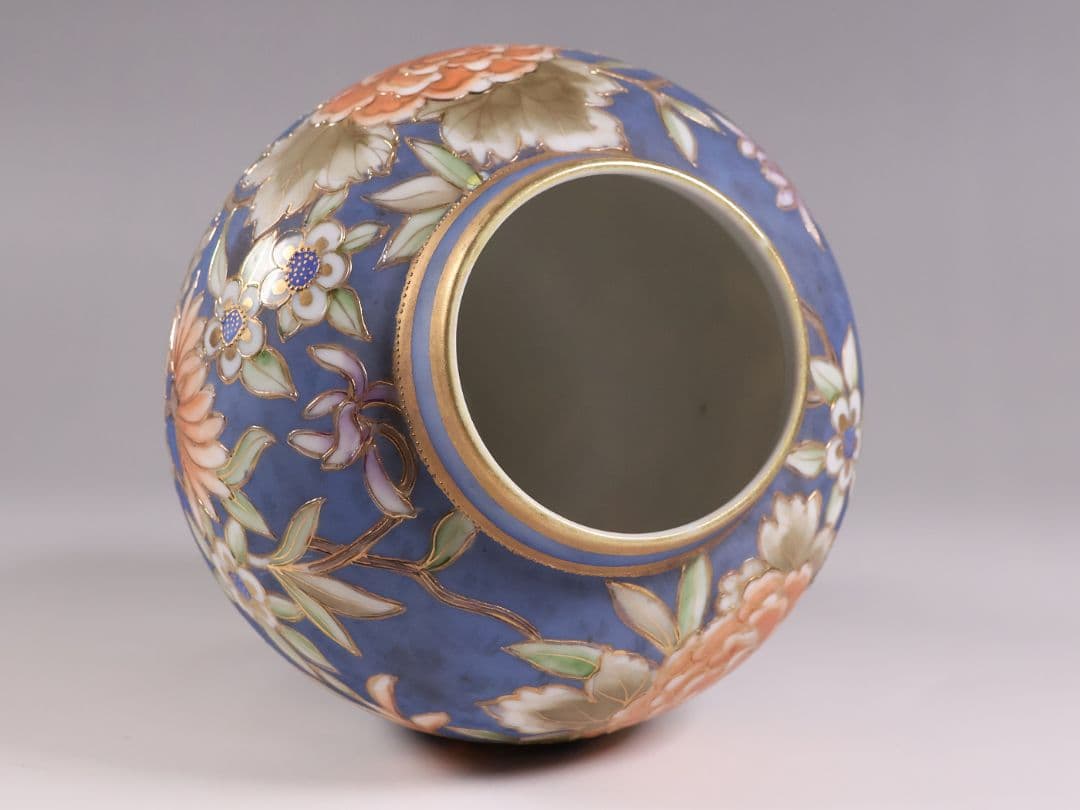 【CM306】オールドノリタケ 草花 花瓶 高17.5cm 金彩 花入 青 明治