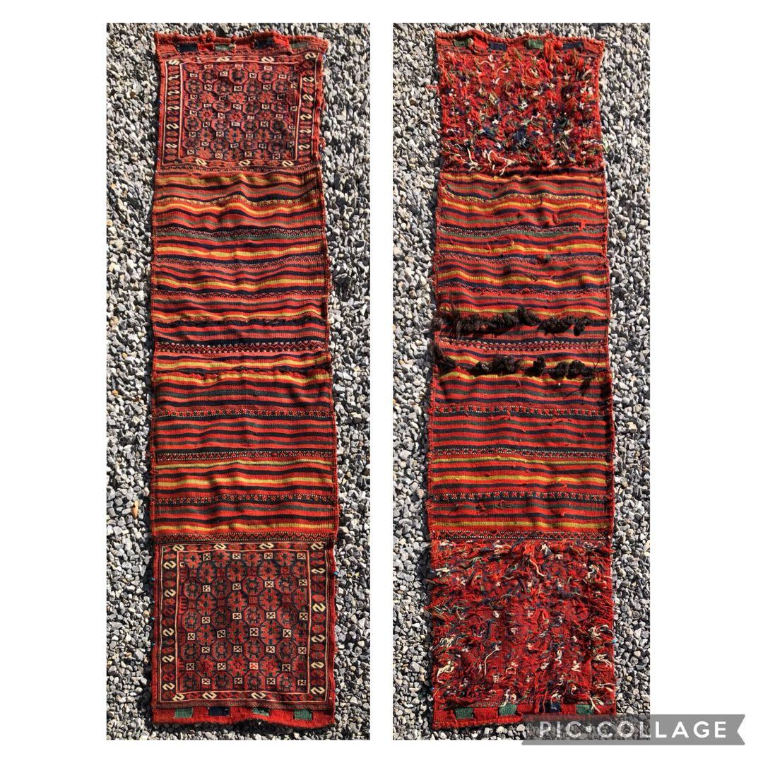 アンティーク クルド系 スマック織 鞍掛袋を開いたランナー 手織りトライバルラグ