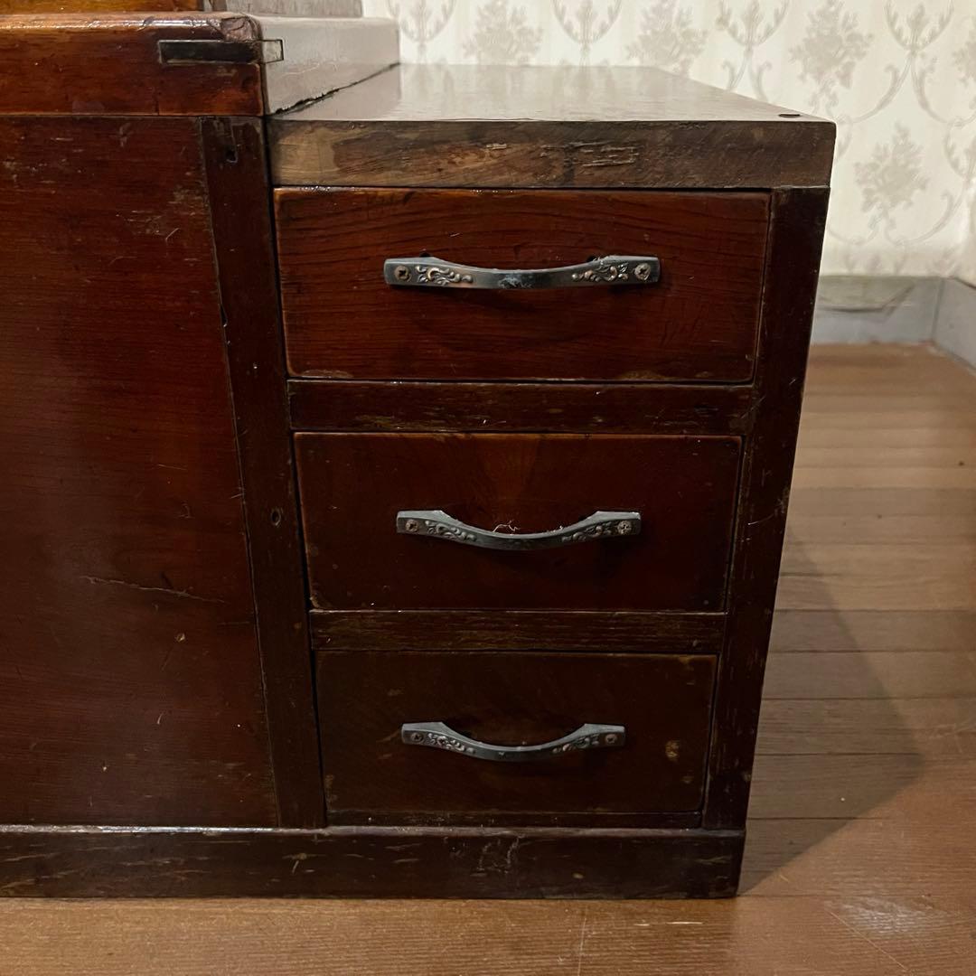 【アンティーク】木製 無垢材 火鉢 長方形 関東火鉢 銘木 引き出し収納付