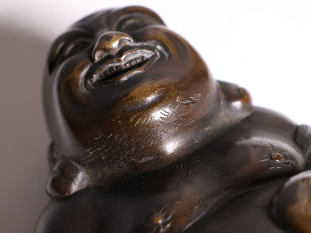 時代 銅製 晴珉造 布袋像 18.4cm 明治金工 置物 七福神 縁起【M415