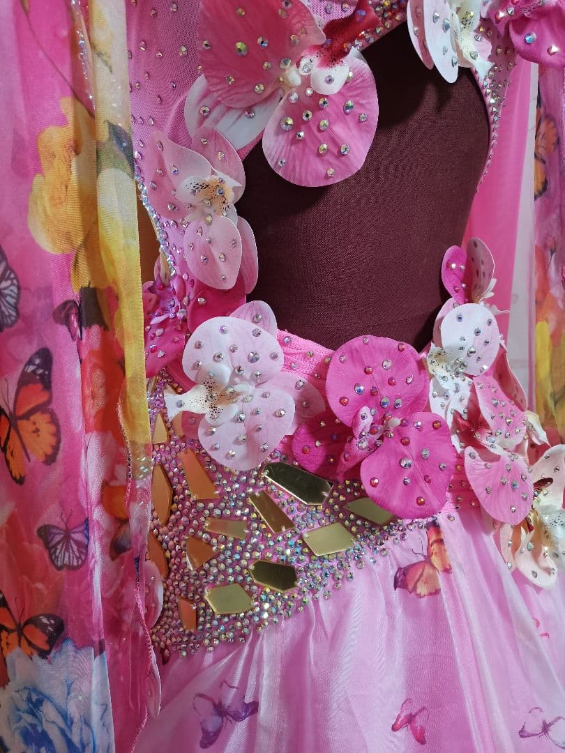 TY社交ダンス スタンダードドレス デモ競技 M　ピンク花柄　豪華