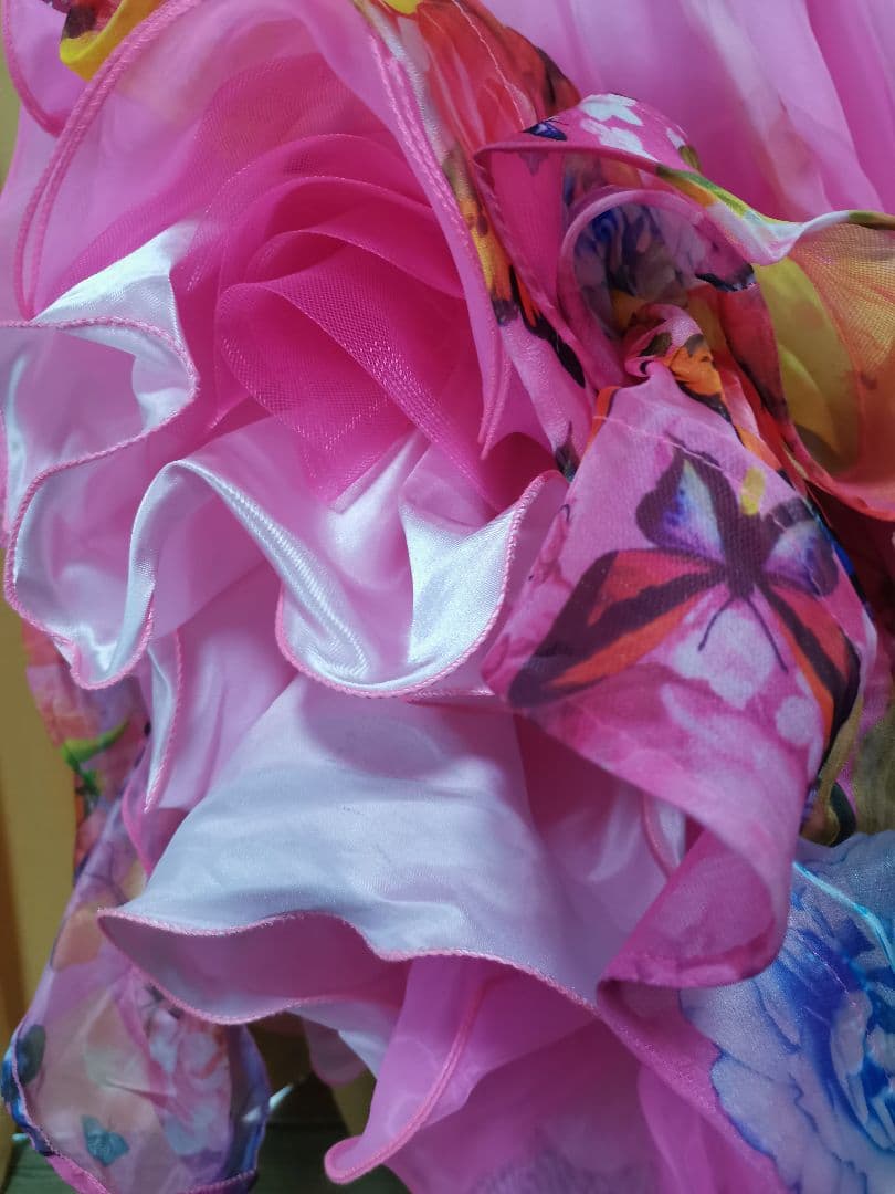 TY社交ダンス スタンダードドレス デモ競技 M　ピンク花柄　豪華