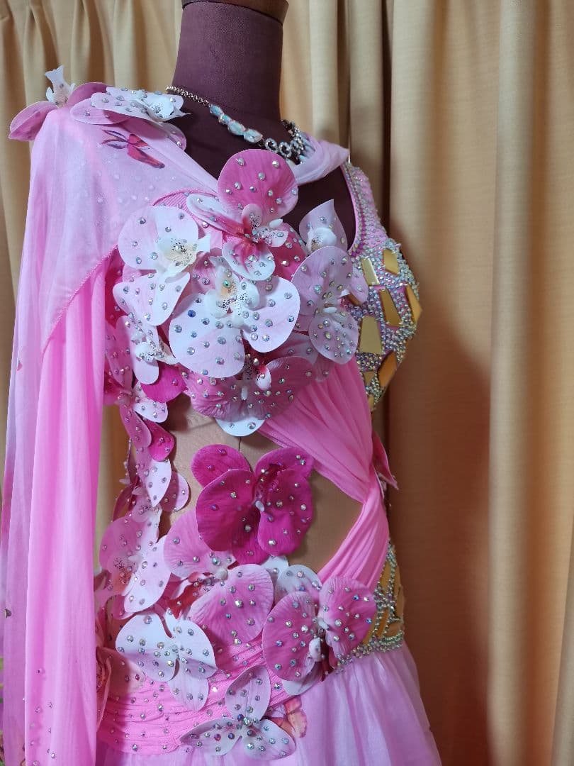 TY社交ダンス スタンダードドレス デモ競技 M　ピンク花柄　豪華