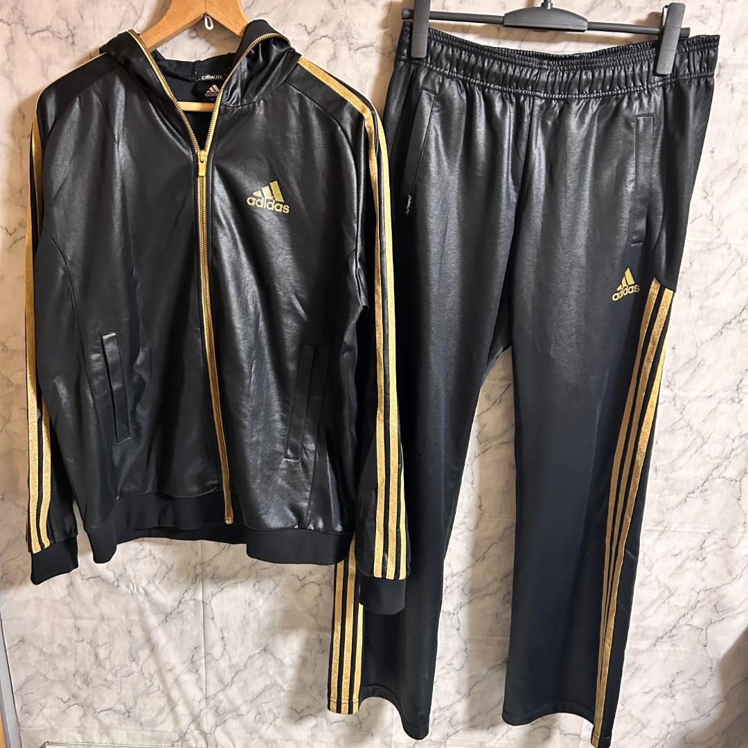 希少 adidas アディダス レザー調 光沢 上下 セットアップ ジャージ L