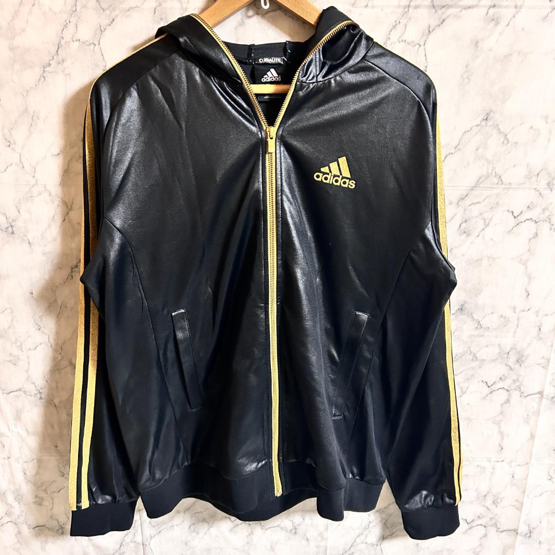 希少 adidas アディダス レザー調 光沢 上下 セットアップ ジャージ L
