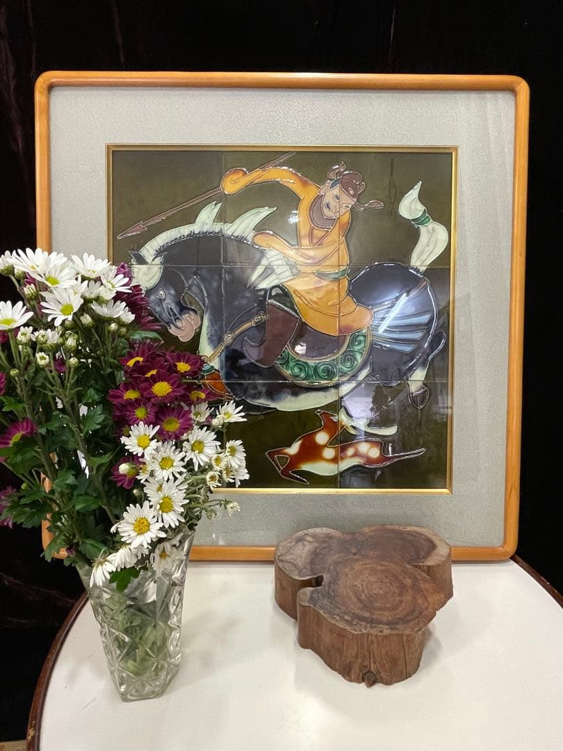 値下げ/エネルギーの高い　陶板画　中国騎馬武者　62 × 72厚さ4センチ