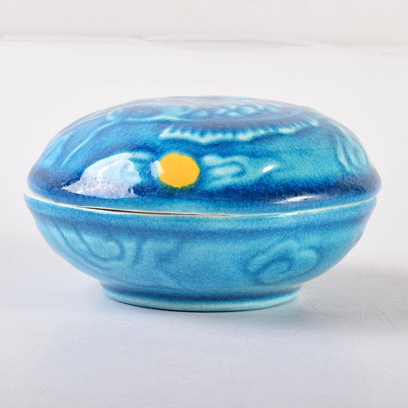 茶道具　萬古焼　加賀瑞山造　トルコ釉　荒磯魚文香合　共箱　V　7150