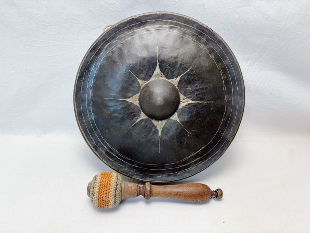 茶道具 古銅 銅鑼 桴付 仏教歌舞伎打楽器 鐘鳴物 重さ約1.3kg 寺院仏具