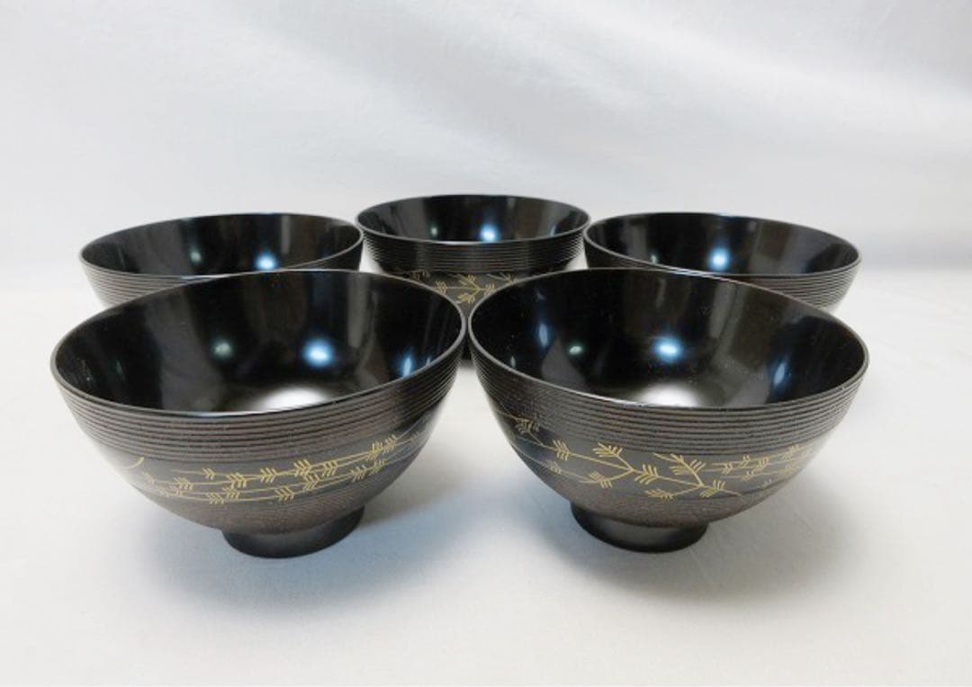 ほぼ未使用 懐石道具 木製溜塗 千筋 蒔絵 吸物椀5客揃 内黒 雑煮椀 木箱