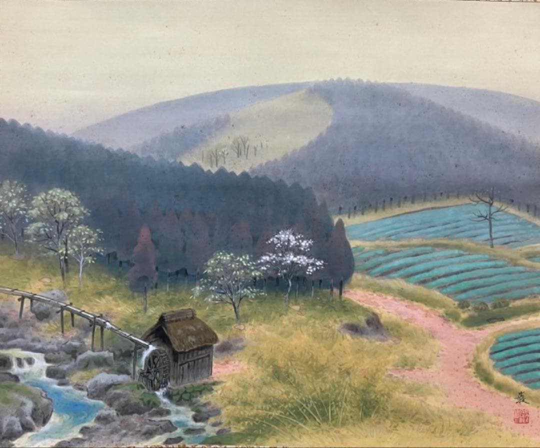 山下巌「春閑」日展特選作品　絹本　掛軸　共箱