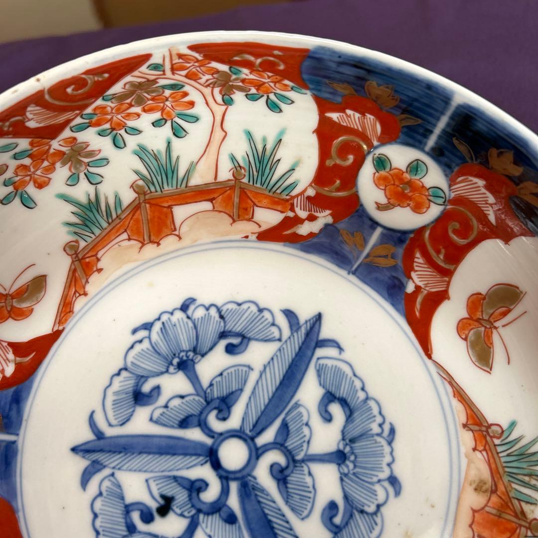 骨董　飾り鉢　皿　伝統的な赤青装飾　陶器