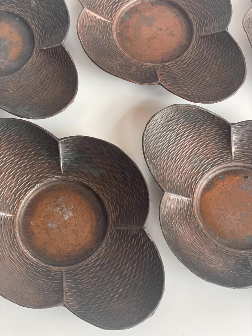 清順記号 古銅 古錫 木瓜 雲形 茶托 5客 茶卓 小皿 中国 古玩 唐物